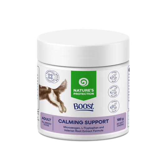 BOOST CALMING SUPPORT МЕКИ ДЪВЧАЩИ ТАБЛЕТКИ, ХРАНИТЕЛНА ДОБАВКА ЗА КУЧЕТА ЗА ПОДДЪРЖАНЕ НА НЕРВНАТА СИСТЕМА, 180 Г