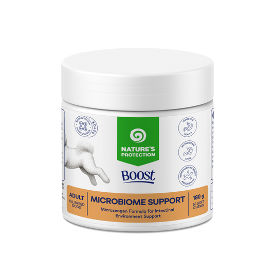 BOOST MICROBIOME SUPPORT МЕКИ ДЪВЧАЩИ ДОБАВКИ ЗА КУЧЕТА ЗА ПОДПОМАГАНЕ НА ХРАНОСМИЛАНЕТО, 180 Г